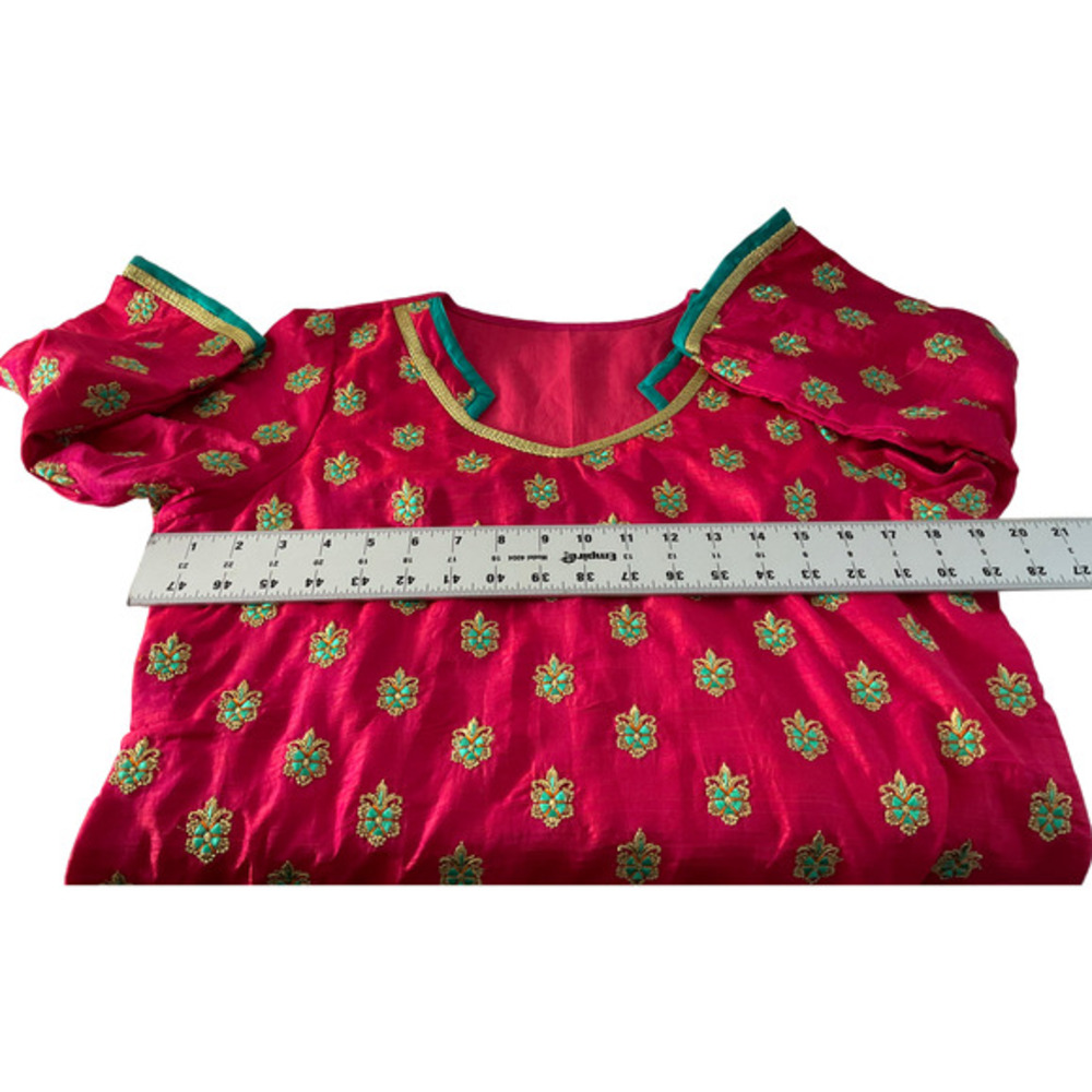 Pink Silk Blend Embroidered Kurta Tunic Teal Gold Floral Notched‎ V-Neck Festive - Picture 7 of 10